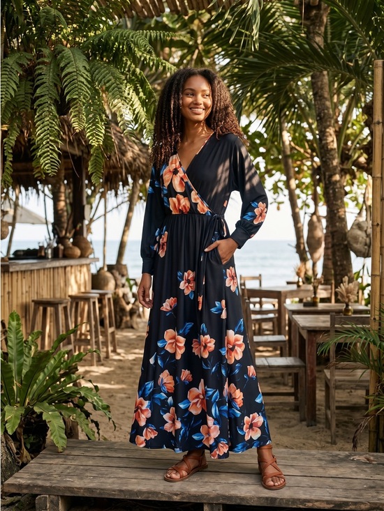 VENUS Dresses & Skirts - VENUS Navy Floral Wrap Maxi Dress with Coral & Blue Blooms
